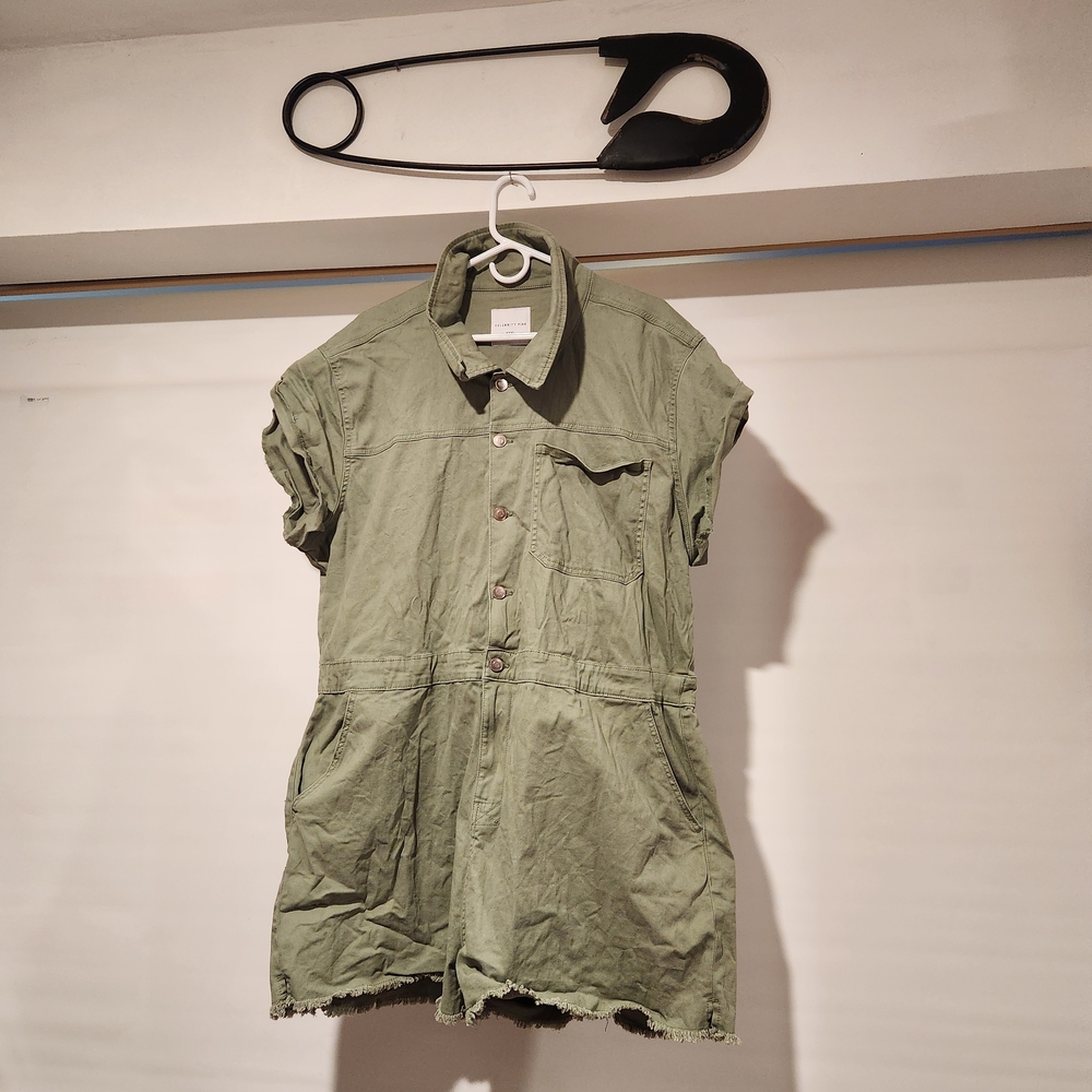 Casual Celebrity Pink Olive Green Button-Up Romper